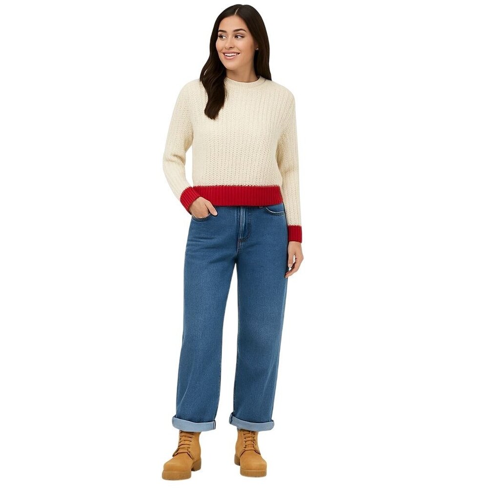 ZARA Small Knit Sweater Red & Cream Ribbed Crewneck Acrylic Blend